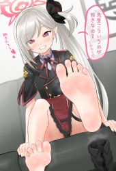 Rule 34 | 1girl, barefoot, black panties, blue archive, blush, boots, feet, foot focus, foreshortening, grin, halo, highres, hinosaki, long hair, looking at viewer, mutsuki (blue archive), panties, pantyshot, pointy ears, red eyes, shoes, unworn shoes, side ponytail, silver hair, smile, soles, steam, swept bangs, thigh strap, toes, translated, underwear