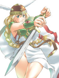 Rule 34 | 1girl, armor, armored dress, blonde hair, blush, braid, green armor, green eyes, head wings, helmet, jon shicchiou, long hair, no panties, solo, sword, thighs, valkyrie, valkyrie (vnd), valkyrie no densetsu, weapon, white background, wings