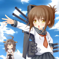 Rule 34 | 10s, 2girls, = =, ahoge, bare shoulders, brown hair, cup, folded ponytail, hairband, hand on own hip, inazuma (kancolle), kantai collection, kongou (kancolle), long hair, machinery, multiple girls, neckerchief, nekono, nontraditional miko, open mouth, outstretched arm, school uniform, serafuku, skirt, teacup, yellow eyes
