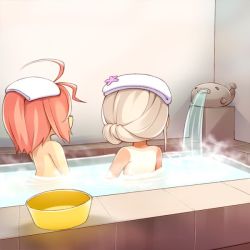 Rule 34 | 2girls, ahoge, back, bare shoulders, bath, bathing, bathroom, bathtub, fish, fish statue, flower, hair flower, hair ornament, i-58 (kancolle), kantai collection, long hair, looking at another, meme, mofu namako, multiple girls, nude, one-piece tan, partially submerged, pink hair, puffer fish vomiting water (meme), ro-500 (kancolle), short hair, steam, tan, tanline, towel, towel on head, water, white hair