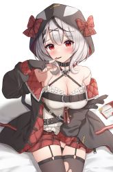 Rule 34 | 1girl, absurdres, black skirt, black thighhighs, blush, breasts, camisole, cleavage, commentary request, eating, food, food in mouth, garter belt, grey hair, highres, hololive, hood, hood up, large breasts, looking at viewer, miniskirt, off-shoulder jacket, off shoulder, plaid, plaid skirt, pleated skirt, pocky, red eyes, red skirt, revision, sakamata chloe, sakamata chloe (1st costume), short hair, sitting, skirt, solo, strap slip, thighhighs, torn clothes, torn thighhighs, virtual youtuber, white camisole, yukiunag1