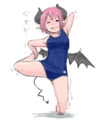 Rule 34 | 1girl, barefoot, breasts, competition swimsuit, demon girl, demon horns, demon tail, demon wings, female focus, full body, horns, lilim (waguruma!), one-piece swimsuit, paimin, pink hair, pointy ears, school swimsuit, short hair, small breasts, solo, stretching, swimsuit, tail, translation request, waguruma!, white background, wings