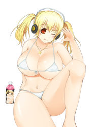 Rule 34 | 1girl, ;p, bikini, blonde hair, blush, bottle, breasts, cleavage, headphones, highres, huge breasts, jewelry, long hair, looking at viewer, miyukicat, navel, necklace, nitroplus, one eye closed, orange eyes, plump, recursion, short hair, smile, solo, star (symbol), super pochaco, swimsuit, tongue, tongue out, twintails, white bikini, wink