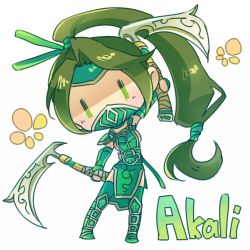 Rule 34 | 1girl, akali, akali (legacy), armor, character name, chibi, china dress, chinese clothes, contrapposto, covered mouth, dress, dual wielding, forehead protector, full body, greaves, green dress, half mask, holding, holding weapon, league of legends, long hair, looking at viewer, lowres, mask, mouth mask, pauldrons, polearm, ponytail, scythe, shimatta, shoulder armor, sickle, solid oval eyes, solo, standing, very long hair, weapon, | |, || ||