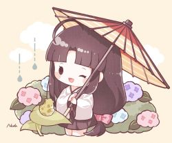 Rule 34 | 1girl, ahoge, black hair, blue flower, bow, cloud, commentary request, flower, frog, hair bow, highres, holding, holding umbrella, hydrangea, kantai collection, leaf, long hair, long sleeves, low-tied long hair, nada namie, oil-paper umbrella, one eye closed, open mouth, pink bow, pink flower, purple flower, shouhou (kancolle), signature, simple background, solo, umbrella, very long hair, water drop, wide sleeves