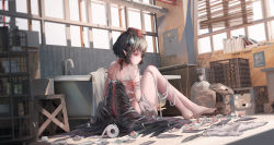 Rule 34 | 1girl, absurdres, bandages, barefoot, black hair, black wings, blood, box, commentary, faucet, feathered wings, feathers, from behind, hat, highres, indoors, knees up, looking at viewer, looking back, marcowwine, naked bandage, nike (company), nude, pom pom (clothes), profile, red eyes, shameimaru aya, short hair, sign, sink, sitting, solo, thighs, tokin hat, touhou, warning sign, window, window blinds, wings