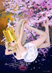 Rule 34 | 1girl, armpits, arms up, bare legs, barefoot, blue eyes, breasts, crown, dress, english text, flower, highres, jump king, large breasts, lipstick mark, looking at viewer, new babe (jump king), petals, purple flower, second-party source, sleeveless, sleeveless dress, solo, tree, white dress, yeono0