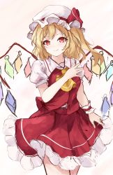 Rule 34 | 1girl, absurdres, ascot, blonde hair, blush, cowboy shot, crystal, flandre scarlet, frills, gradient background, hat, hat ribbon, head tilt, highres, looking at viewer, mob cap, orchid (orukido), petticoat, puffy short sleeves, puffy sleeves, red eyes, red ribbon, red skirt, red vest, ribbon, shirt, short sleeves, simple background, sketch, skirt, skirt set, smile, solo, touhou, vest, white hat, wings, wrist cuffs