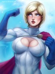 Rule 34 | 1girl, blonde hair, blue eyes, blush, breasts, cleavage, cleavage cutout, clothing cutout, dc comics, female focus, gloves, highres, kryptonian, large breasts, lips, lipstick, looking at viewer, makeup, open mouth, power girl, red lips, short hair, solo, superman (series)
