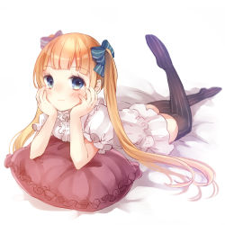 Rule 34 | 1girl, blonde hair, blue eyes, bow, dress, hair bow, hands on another&#039;s cheeks, hands on another&#039;s face, hands on own face, leg up, long hair, lying, on stomach, original, pillow, solo, striped clothes, striped thighhighs, tamaki iori, thighhighs, twintails, vertical-striped clothes, vertical-striped thighhighs, very long hair, zettai ryouiki