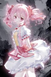 Rule 34 | 1girl, artist name, bow, bubble skirt, buttons, choker, city, cowboy shot, dress, dress bow, floating hair, frilled dress, frilled skirt, frilled sleeves, frills, from side, ghostii, gloves, grey sky, hair bow, highres, kaname madoka, looking at viewer, magical girl, mahou shoujo madoka magica, mahou shoujo madoka magica (anime), open mouth, outdoors, pink choker, pink dress, pink eyes, pink hair, puffy short sleeves, puffy sleeves, rubble, ruins, short hair, short sleeves, short twintails, signature, skirt, sky, solo, standing, twintails, white gloves, white skirt, wind