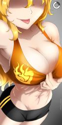 Rule 34 | 1girl, abs, armpits, artist name, bike shorts, blonde hair, bra, bra pull, breasts, cleavage, clothes pull, dutch angle, grey background, groin, head out of frame, highres, large breasts, long hair, navel, rwby, self exposure, shaded face, solo, sports bra, sports bra pull, sweat, tongue, tongue out, underwear, watermark, web address, yang xiao long, yaya (y8ay8a)