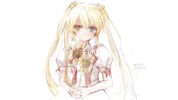 Rule 34 | 1girl, 2021, blonde hair, blue eyes, blush, closed mouth, commentary, dated, dress, expressionless, eyelashes, flower, hair between eyes, heterochromia, highres, holding, holding flower, kazamatsuri institute high school uniform, long hair, looking at viewer, nakatsu shizuru, no eyepatch, nujii, puffy short sleeves, puffy sleeves, red ribbon, rewrite, ribbon, school uniform, short sleeves, signature, simple background, sketch, solo, straight-on, sunflower, symbol-only commentary, twintails, upper body, very long hair, white background, white dress, yellow eyes
