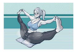 Rule 34 | 1girl, :|, abs, armpits, bare arms, bare shoulders, barefoot, black pants, blue background, blue tank top, blush, breasts, breath, cameltoe, cleavage, closed mouth, collarbone, crop top, feet, foot grab, full body, furrowed brow, grey eyes, grey hair, half-closed eyes, hands up, holding own foot, large breasts, leaning back, legs, legs up, medium hair, midriff, mrkashkiet, nintendo, outstretched arms, pale skin, pants, parted bangs, ponytail, sexually suggestive, shirt, sideboob, soles, solo, spread legs, steam, tank top, taut clothes, taut shirt, thick thighs, thighs, tight clothes, tight pants, toe grab, wii balance board, wii fit, wii fit trainer, wii fit trainer (female), yoga pants