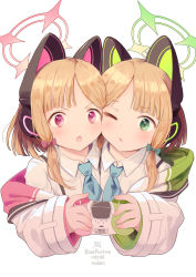 Rule 34 | 2girls, animal ear headphones, animal ears, blonde hair, blue archive, blush, bow, cat ear headphones, character name, cheek-to-cheek, collared shirt, copyright name, fake animal ears, green eyes, hair bow, halo, headphones, heads together, highres, midori (blue archive), mishima hiroji, momoi (blue archive), multiple girls, necktie, one eye closed, open mouth, pink eyes, shirt, siblings, simple background, sisters, sleeves past wrists, suspenders, white background, white shirt