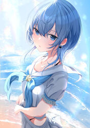 Rule 34 | 1girl, absurdres, beach, belt, blue belt, blue bow, blue bowtie, blue eyes, blue hair, blush, bow, bowtie, breasts, collarbone, frilled sleeves, frills, hair between eyes, highres, hihi (oekakihix), hololive, hoshimachi suisei, hoshimachi suisei (school uniform), looking at viewer, outdoors, puffy short sleeves, puffy sleeves, sailor collar, school uniform, serafuku, shirt, short hair, short sleeves, skirt, small breasts, solo, star (symbol), star in eye, symbol in eye, virtual youtuber, white sailor collar, white serafuku, white shirt, white skirt