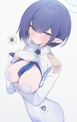 1girl aoi_(blue_archive) arm_under_breasts blue_archive blue_eyes blue_halo blue_necktie blush breasts breasts_out commentary_request ear_piercing gloves halo highres hone_kawa large_breasts long_sleeves looking_at_viewer mole mole_under_eye necktie pasties piercing pointy_ears shirt short_hair simple_background skirt solo spoken_squiggle squiggle white_background white_gloves white_shirt white_skirt