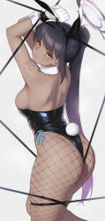Rule 34 | 1girl, animal ears, ass, between buttocks, black hair, black leotard, blue archive, bound, bound arms, bound wrists, breasts, commentary, dark-skinned female, dark skin, detached collar, fake animal ears, fake tail, fishnet pantyhose, fishnets, gloves, halo, highres, houkago shounen, karin (blue archive), karin (bunny) (blue archive), large breasts, leotard, long hair, looking at viewer, medium breasts, official alternate costume, pantyhose, parted lips, playboy bunny, rabbit ears, rabbit tail, restrained, strapless, strapless leotard, symbol-only commentary, tail, tan, thick thighs, thighs, white background, white gloves, yellow eyes