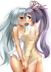 Rule 34 | 2girls, ass, asymmetrical docking, back, blue eyes, blush, breast press, breasts, candy, chocolate, chocolate heart, dress, food, holding hands, heart, interlocked fingers, long hair, medium breasts, mouth hold, multiple girls, naked sweater, original, ponytail, purple hair, red eyes, sideboob, silver hair, small breasts, sweater, totto, white dress, yuri