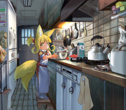 Rule 34 | 1girl, animal ears, apron, blonde hair, blunt bangs, contrapposto, dishes, doitsuken, fox child (doitsuken), fox ears, fox tail, from side, frying pan, indoors, kitchen, ladle, licking, licking finger, looking at viewer, looking to the side, multiple tails, neon lights, original, ponytail, pot, refrigerator, short hair, short sleeves, socks, solo, tail, thick eyebrows, two tails, white apron, white socks, yellow eyes