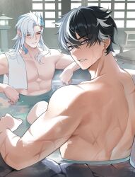 Rule 34 | 2boys, genshin impact, hotsprings, looking at viewer, multiple boys, neuvillette (genshin impact), scar, sitting, steam, towel on one shoulder, wet, wriothesley (genshin impact)