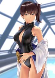 Rule 34 | 1girl, black one-piece swimsuit, blue kimono, blush, breasts, brown eyes, brown gloves, brown hair, cleavage, closed mouth, expressionless, fingers together, front zipper swimsuit, gloves, hair between eyes, japanese clothes, kaga (kancolle), kantai collection, kimono, large breasts, looking at viewer, medium hair, meme attire, off shoulder, one-piece swimsuit, pool, rei no pool, shiny clothes, side ponytail, single glove, solo, standing, swimsuit, swimsuit under clothes, upper body, wa (genryusui), white kimono