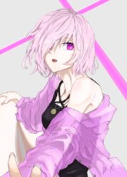 Rule 34 | 1girl, alternate costume, black shirt, candy1000, fate/grand order, fate (series), grey background, hair between eyes, hair over one eye, highres, jacket, jewelry, looking at viewer, mash kyrielight, necklace, open clothes, open jacket, open mouth, pink hair, pink jacket, purple eyes, shirt, short hair, sleeveless, sleeveless shirt, solo, upper body