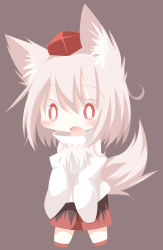 Rule 34 | 1girl, animal ears, blush, chibi, daidai ookami, detached sleeves, fang, hat, highres, inubashiri momiji, looking at viewer, open mouth, pom pom (clothes), red eyes, short hair, silver hair, simple background, smile, solo, tail, tokin hat, touhou, wolf ears, wolf tail
