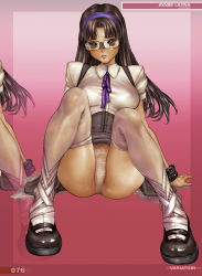 Rule 34 | 1girl, breasts, brown hair, clone, covered erect nipples, glasses, greaseberries, headband, highres, large breasts, lilynna blueberry, lips, long hair, looking at viewer, mary janes, panties, shiny skin, shirou masamune, shoes, solo, underwear, white panties