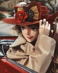 Rule 34 | 1girl, adapted costume, album cover redraw, blonde hair, blue eyes, blurry, blurry background, brown coat, car, car interior, coat, convertible, coppr, derivative work, flower, flower ring, genshin impact, hand on headwear, hat, hat feather, hat flower, highres, jewelry, lips, lipstick, looking to the side, makeup, motor vehicle, navia (genshin impact), outdoors, red flower, red hat, red lips, red rose, ring, rose, solo, teeth, tongue, tongue out, twitter username, upper body, upper teeth only