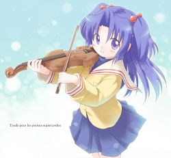 Rule 34 | 00s, 1girl, clannad, emurin, french text, hair bobbles, hair ornament, ichinose kotomi, instrument, school uniform, serafuku, skirt, solo, twintails, two side up, violin