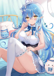 Rule 34 | 1girl, absurdres, ahoge, bed, beret, blue hair, blue nails, blue skirt, blush, braid, breasts, cleavage, closed mouth, commentary request, corset, daifuku (yukihana lamy), flower, french braid, frilled skirt, frills, hair between eyes, hair flower, hair ornament, half updo, hat, heart, heart ahoge, highres, hololive, indoors, knees up, large breasts, long hair, looking at viewer, nail polish, pointy ears, retsuto, shirt, sidelocks, single thighhigh, sitting, skirt, sleeveless, sleeveless shirt, smile, snowflake print, thighhighs, virtual youtuber, white hat, white shirt, white thighhighs, yellow eyes, yukihana lamy, yukimin (yukihana lamy)