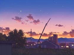 Rule 34 | building, crane (machine), evening, mizuasagi, mountain, no humans, original, power lines, scenery, sky, star (sky), tree, twilight