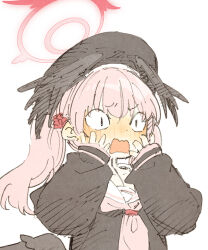 Rule 34 | 1girl, abara heiki, beret, black cardigan, black hat, black wings, blue archive, blush, cardigan, embarrassed, halo, hand to own mouth, hat, head wings, koharu (blue archive), looking ahead, neckerchief, nose blush, open mouth, pink hair, pink neckerchief, simple background, sleeves past wrists, solo, twintails, upper body, white background, wide-eyed, wings