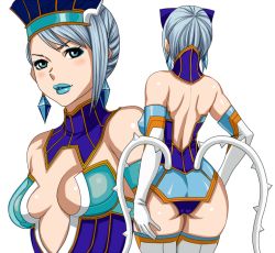 Rule 34 | 10s, 1girl, ass, backless outfit, bare shoulders, blue eyes, blue hair, blue rose (tiger &amp; bunny), breasts, earrings, elbow gloves, gloves, jewelry, karina lyle, lipstick, makeup, matching hair/eyes, matoyama, medium breasts, short hair, smile, solo, thighhighs, tiger &amp; bunny