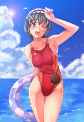 Rule 34 | 1girl, bad id, bad pixiv id, breasts, competition swimsuit, covered erect nipples, e20, green hair, innertube, one-piece swimsuit, one eye closed, quiz magic academy, riel, short hair, small breasts, solo, swim ring, swimsuit, wink