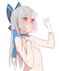 Rule 34 | 1girl, bad id, bad twitter id, beijuu, bikini, bikini top only, blush, bow, girls&#039; frontline, gloves, hair bow, long hair, navel, parted lips, red eyes, silver hair, simple background, solo, swimsuit, tokarev (girls&#039; frontline), upper body, white background, white bikini, white gloves
