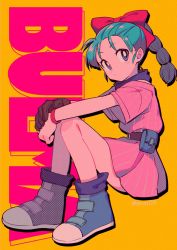 Rule 34 | 1girl, ankle boots, ankle socks, aqua hair, belt, black outline, blue eyes, blue footwear, boots, bracelet, braid, braided ponytail, brown belt, brown gloves, bulma, character name, closed mouth, dot nose, dragon ball, dragon ball (classic), dress, eyelashes, facing viewer, fanny pack, full body, gloves, hair ribbon, halftone, hands on own knees, highres, jewelry, knees together feet apart, knees up, light blush, loose socks, menma (enaic31), orange background, outline, own hands together, parted bangs, pink dress, puckered lips, purple scarf, purple socks, red ribbon, ribbon, scarf, shoes, short dress, short sleeves, sideways glance, simple background, single glove, sneakers, socks, solo, striped clothes, striped dress, tareme, twitter username, vertical-striped clothes, vertical-striped dress
