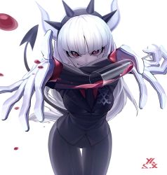 Rule 34 | 1girl, absurdres, alcohol, black tail, breasts, cowboy shot, crown, cup, demon girl, demon horns, demon tail, drinking glass, formal, helltaker, highres, horns, ihavetwoooo, looking at viewer, lucifer (helltaker), mole, mole under eye, pant suit, pants, red eyes, red shirt, shirt, smile, solo, standing, suit, tail, thigh gap, tuxedo, white hair, white horns, wine, wine glass
