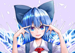 Rule 34 | 1girl, absurdres, blue bow, blue eyes, blue hair, bow, cirno, grey background, hair bow, highres, ice, ice wings, kabi killer, looking at viewer, open mouth, short hair, simple background, solo, touhou, upper body, w over eye, wings