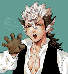 Rule 34 | 1boy, animal ears, bad id, bad pixiv id, black hair, blush, fire emblem, fire emblem fates, gloves, highres, keaton (fire emblem), long hair, low ponytail, male focus, multicolored hair, nintendo, open mouth, ouse (otussger), pectoral cleavage, pectorals, red eyes, scar, simple background, solo, two-tone hair, white hair, wolf ears