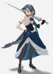 Rule 34 | 1girl, armband, armlet, asymmetrical clothes, black choker, black dress, black gloves, black thighhighs, blowhole, blue dress, blue eyes, blue footwear, blue hair, blue sleeves, blush, cetacean tail, choker, collarbone, commentary, dress, drillhorn sword, fins, fish tail, full body, gloves, grey background, grey hair, hand on own hip, high heels, highres, kemono friends, kemono friends 3, legs apart, looking at viewer, multicolored clothes, multicolored dress, multicolored hair, narwhal (kemono friends), official alternate costume, over shoulder, polearm, shoes, short hair with long locks, simple background, single bare shoulder, single sidelock, single sleeve, smile, solo, spear, standing, tail, tanabe (fueisei), thighhighs, weapon, weapon over shoulder, whale girl, white dress