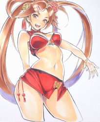 Rule 34 | 1girl, absurdres, arched back, arm behind back, bracelet, breasts, brown eyes, brown hair, chinese clothes, cleavage cutout, clothing cutout, commentary, cowboy shot, crop top, cropped legs, flower, guilty gear, hair flower, hair ornament, highres, jewelry, kuma (jk0073), kuradoberi jam, long hair, looking at viewer, medium breasts, microskirt, navel, open mouth, red shirt, red skirt, shirt, simple background, skirt, sleeveless, sleeveless shirt, smile, solo, standing, v-shaped eyebrows, very long hair, white background