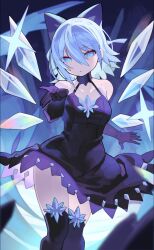 Rule 34 | 1girl, alternate costume, black dress, black gloves, black thighhighs, blue bow, blue eyes, blue hair, bow, breasts, cirno, collarbone, detached wings, dress, elbow gloves, fairy, falken (yutozin), feet out of frame, gloves, hair between eyes, hair bow, highres, ice, ice wings, looking at viewer, open mouth, short hair, small breasts, solo, thighhighs, touhou, wings