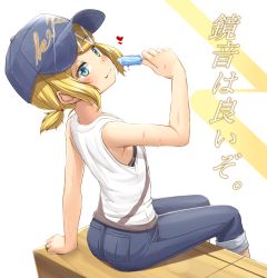 Rule 34 | 1girl, alternate costume, armpit peek, baseball cap, bench, blonde hair, blue eyes, blue hat, blue pants, blush, breasts, closed mouth, commentary request, eating, fang, fang out, feet out of frame, food, hair ornament, hairclip, hat, heart, highres, kagamine rin, kitsunerider, looking at viewer, looking back, pants, pants rolled up, popsicle, short hair, short ponytail, sideboob, sidelocks, sitting, small breasts, smile, solo, sweat, swept bangs, tank top, tomboy, translation request, vocaloid, white background, white tank top