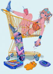 Rule 34 | 1girl, bandaid, bandaid on face, blue background, blue eyes, blue footwear, blue nails, brown hair, commentary, crop top, cup, digital media player, dolphin shorts, drinking straw, earbuds, earphones, earrings, english commentary, eyewear on head, from side, game boy advance, gym shorts, handheld game console, highres, holding, holding cup, jewelry, m&amp;m&#039;s, micro shorts, nail polish, najuco (naju0517), nintendo, original, puckered lips, shoes, shopping cart, short sleeves, shorts, sitting, skateboard, socks, solo, spilling, sticker, stuffed animal, stuffed toy, sunglasses, sweatband, teddy bear, twintails, white socks