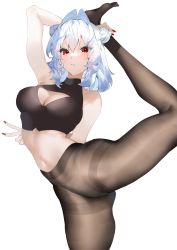 Rule 34 | 1girl, arm behind back, arm behind head, arm up, armpit crease, bare shoulders, blue hair, breasts, brown pantyhose, candle, cleavage, cleavage cutout, closed mouth, clothing cutout, double bun, eyes visible through hair, fingernails, grey background, hair between eyes, hair bun, highres, holding, holding candle, ichibi, leg up, light blue hair, long fingernails, medium breasts, medium hair, multicolored hair, nail polish, navel, no shoes, original, panties, pantyhose, red eyes, red nails, see-through, simple background, solo, triangle cutout, two-tone hair, underwear, v, very long fingernails, white hair, white panties