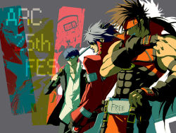Rule 34 | 3boys, arc system works, atlus, belt, blazblue, brown hair, company connection, crossover, facial hair, fingerless gloves, glasses, gloves, grey hair, guilty gear, hat, headband, jacket, long hair, male focus, mask, millia rage, multiple boys, muscular, narukami yuu, persona, persona 4, persona 4: the ultimate in mayonaka arena, ponytail, ragna the bloodedge, relius clover, school uniform, shin megami tensei, short hair, smile, sol badguy, sword, teeth, teriyaki410, weapon