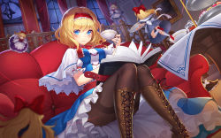 Rule 34 | alice margatroid, black legwear, blonde hair, blue dress, blue eyes, boots, cowboy shot, cross-laced footwear, cup, dress, eyebrows, hair between eyes, hair ornament, hairband, highres, holding, holding cup, lace-up boots, looking at viewer, pantyhose, short hair, sitting, smile, sramy, teacup, touhou