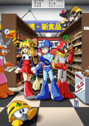 Rule 34 | angry, arm cannon, blonde hair, blue eyes, proto man, capcom, cut man, bass (mega man), green eyes, helmet, highres, indoors, no humans, ponytail, protoman (rockman), red eyes, red skirt, robot ears, robot girl, mega man (series), mega man (character), mega man (classic), roll (mega man), scarf, skirt, smile, sunglasses, sweat, translation request, weapon